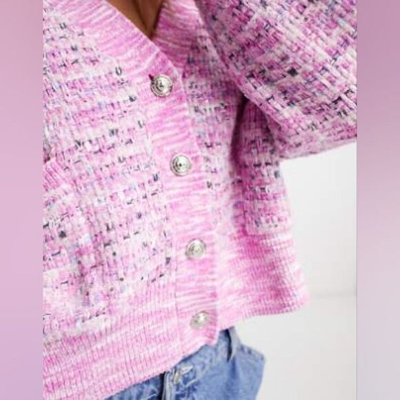 Tweed Pink and Purple Oversized V Neck Knit Cardigan Size Xs - Picture 9 of 12